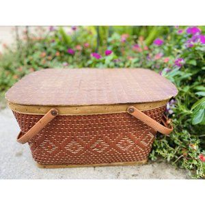 Mid Century Redman Wicker Picnic Basket Woven Ratt